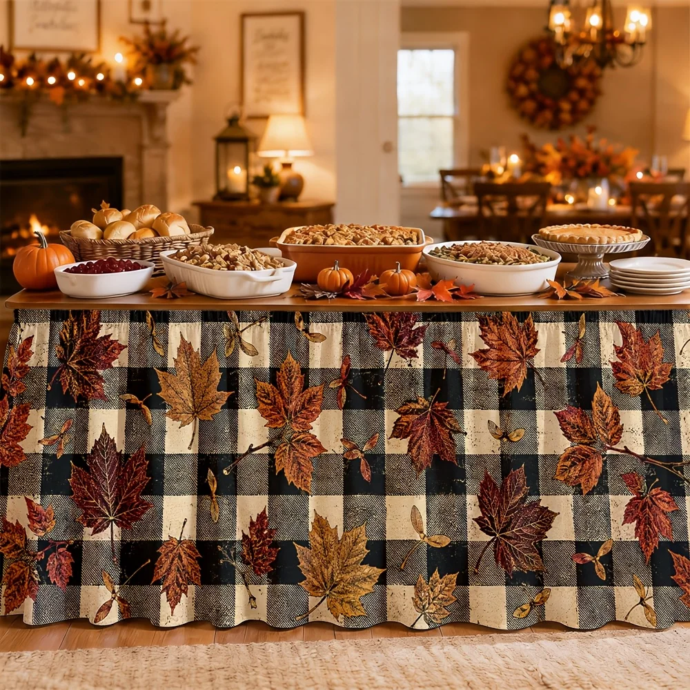 Table skirt / tableskirt - Autumn - Maple leaves - Plaid pattern - Harvest festival - 1 piece
