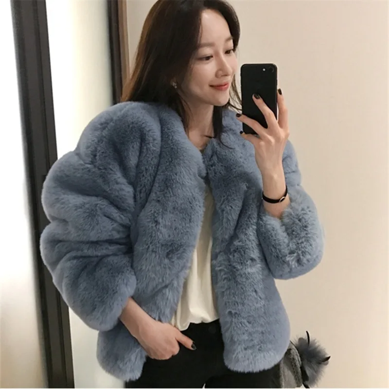 Sky Blue Short Faux Fox Fur Jacket Women Winter Fluffy Coat 2024 New Long Sleeves Plush Fur Coats Artificial Overcoat Streetwear