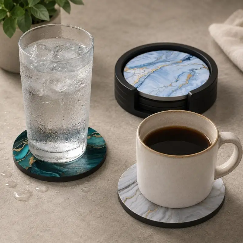   Absorbent Round Cup Mats with Marble Look for Office Desk and Table