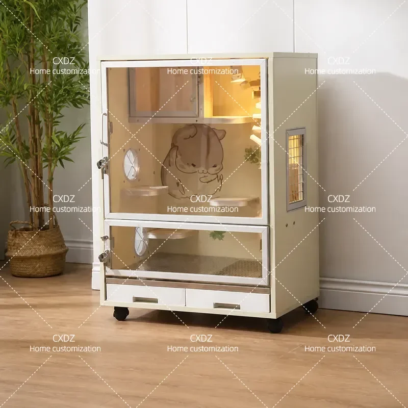 Solid Wood Pet House Totoro Style Cat Cage Villa Electric Heating Bed Enclosed Cat Litter Box Furniture for Small Animals