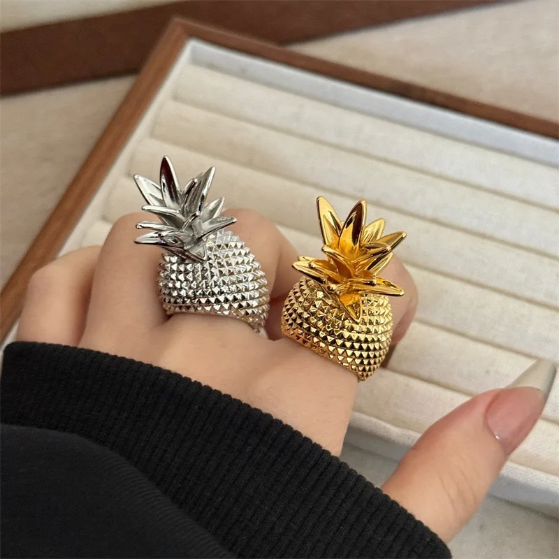 

New Summer Retro Metal Fruit Pineapple Gold Silver Colour Wide Ring Vintage Women Girl Jewelry Accessories Gift 2025