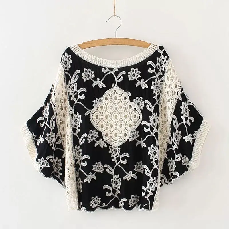 Camisa hueca de encaje Ropa de protección solar suelta elegante Top de algodón puro