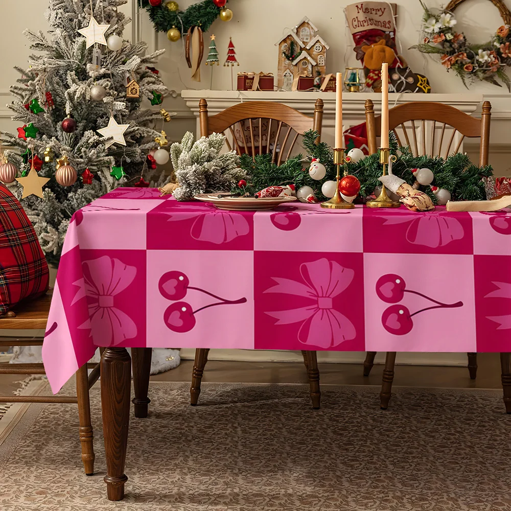 Burgundy Cute Rabbit Cherry Table Cloth Waterproof Tablecloth Spill Proof Table Cloth, Wipe Clean Table Cloth for Dining Camping