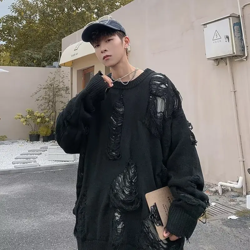 

Свободный мужской свитер Hong Kong Sle, зимний сезон, длинный све, бейсбольный воротник, ромбовидный узор, ленивая трикотажная одежда для полных парней