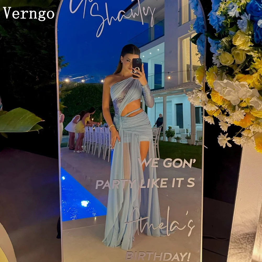 

Verngo Blue Chiffon Evening Dress One Shoulder Sequined A Line Formal Occasion Dress Elegant Prom Party Gowns Customized