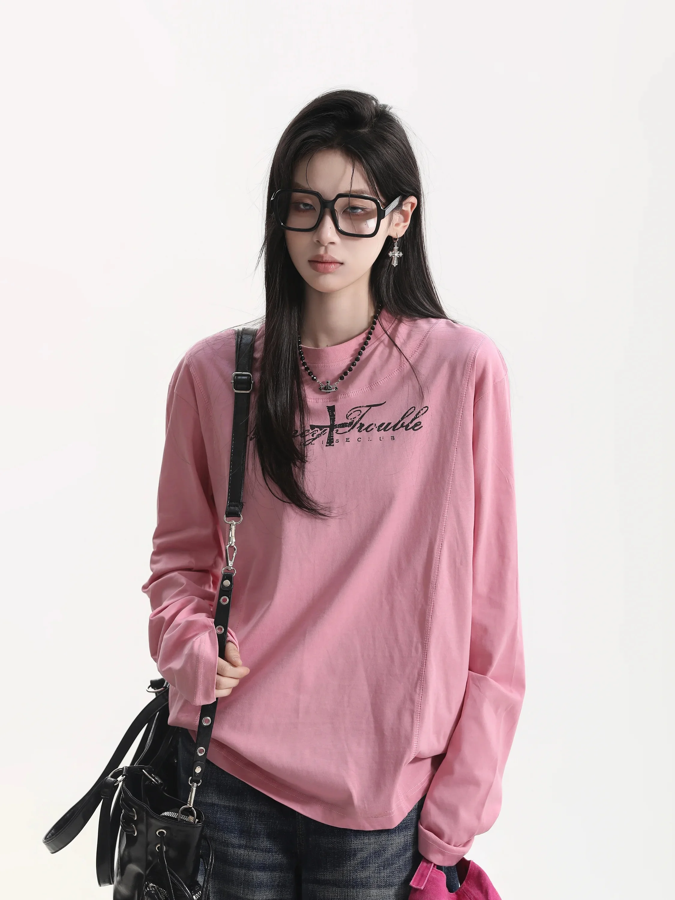 Retro American Long Sleeve T-Shirt Women Loose Lazy Base Layer Top Pink Letter Design Casual Comfortable Cotton round Neck