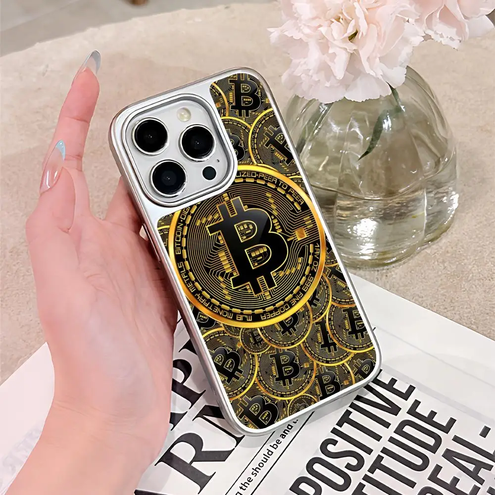 

Bitcion Pattern Phone Case for iPhone 17 16 15 14 13 12 11 Air Pro Max Plus Electroplated Silver Cover