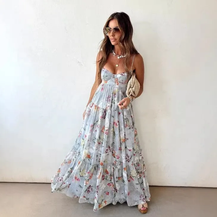 Summer Woman Dress Floral Sleeveless Dresses Women's Long Maxi Dress Light Blue Spaghetti Strap Slip Dress Ruffled Mid Waist