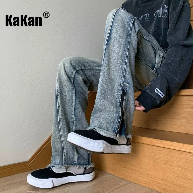 Kakan - Europe and the United States new zipper open raw edge jeans men's, high street loose straight retro long jeans K63-2