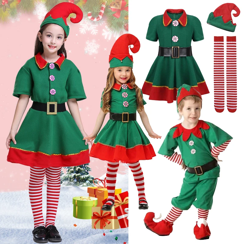 Family Christmas Clothes Children's and Adult Christmas Elf Costumes Santa Claus Green Elf Cosplay Costumes Xmas Party Costume