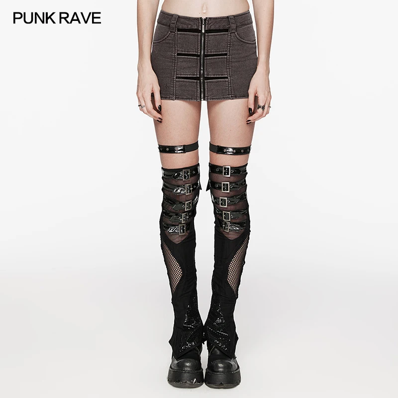 PUNK RAVE Women's Daily Punk Hollowing Out & Mesh Liner Sexy Denim Skirt Slim Design Women Clothes Gray Mini Skirts