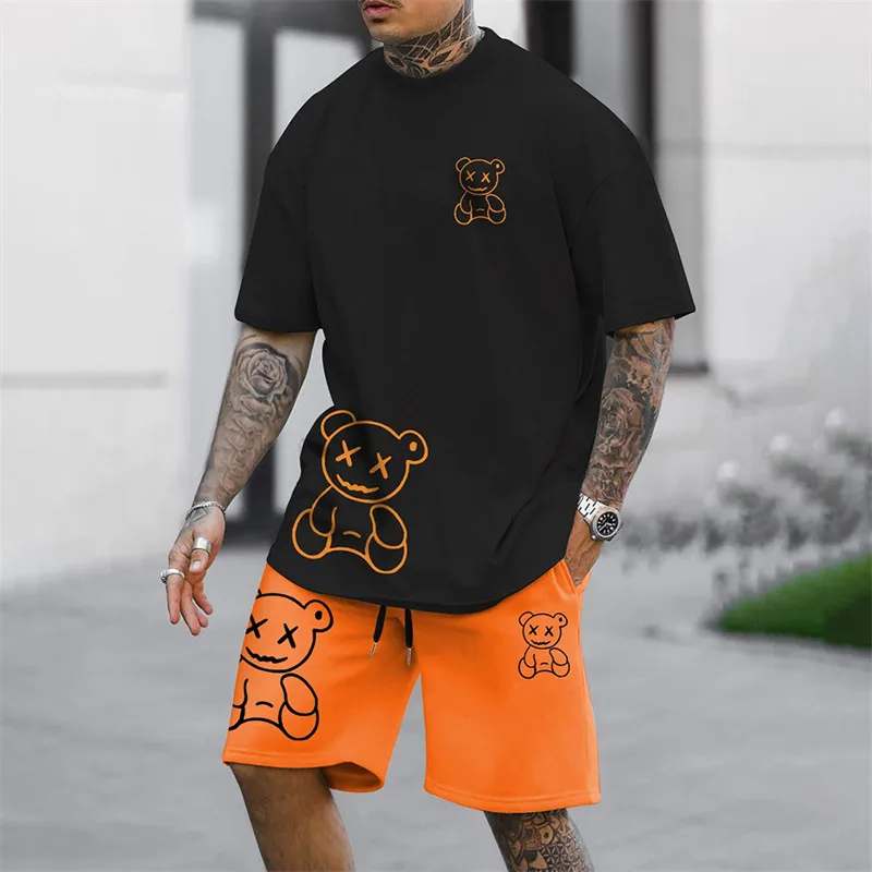 

Summer Men's T-Shirt Shorts Two-piece Casual Sports Daily Outdoor Street Suit Fun Fashion Bear High Street Harajuku 2025