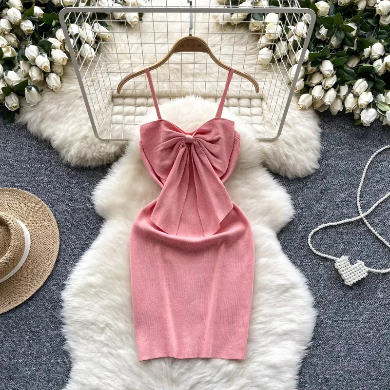 Damska Mini sukienka na imprezę Bodycon seksowna koronkowa z odkrytymi plecami solidna dzianinowa kokarda letnia sukienka płaszcza nocne stroje klubowe moda nowość