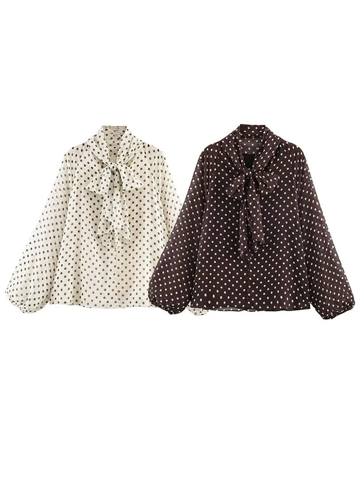 

Women's Spring New Fashion Versatile Scarf Collar Polka Dot Print Long Sleeve Shirt Female High Street Casual Pullover Shirt