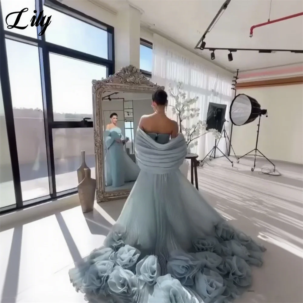 Lily Dusty Blue Tull Party Dresses Strapless Evening Dresses Pleated فساتين السهرة with Floral 3D Flowers Customized image 2