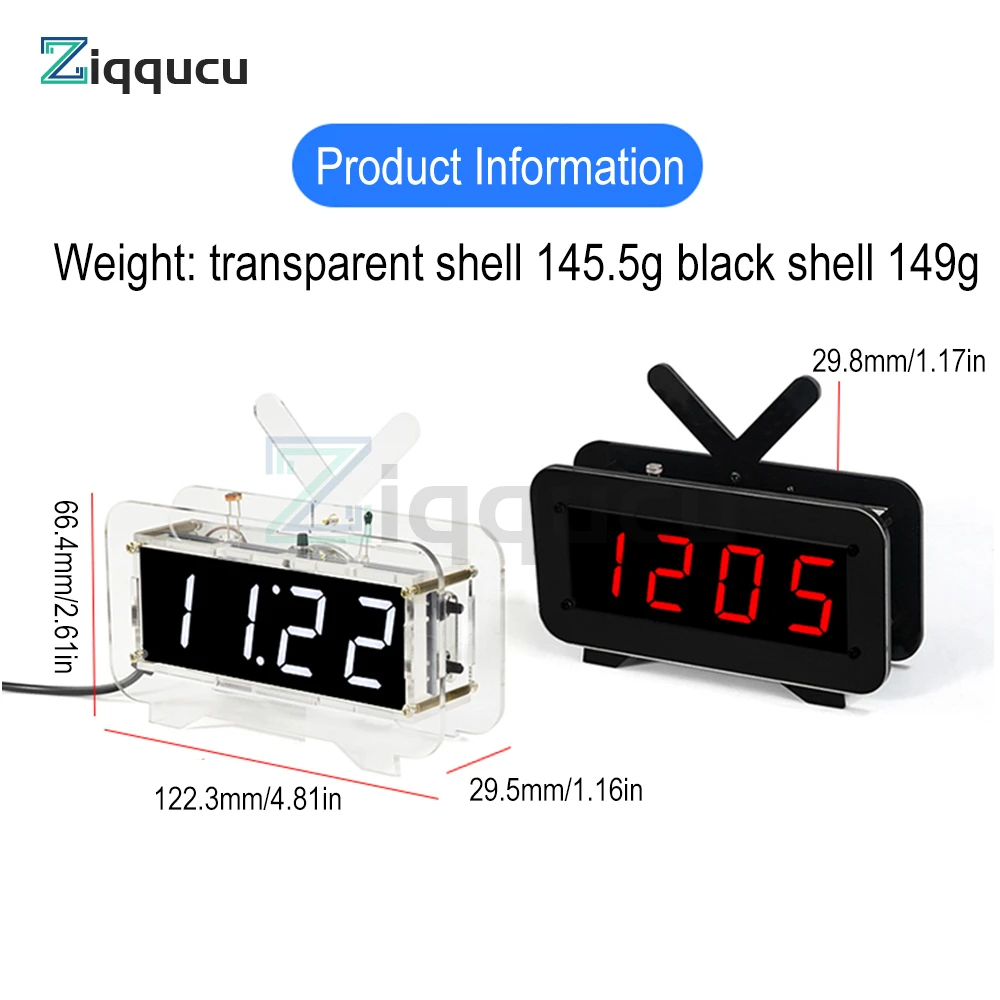 Compact DIY Digital LED Clock Kit 4-digit Light Control Temperature Date Time Display W/ Transparent Case for indoor outdoor