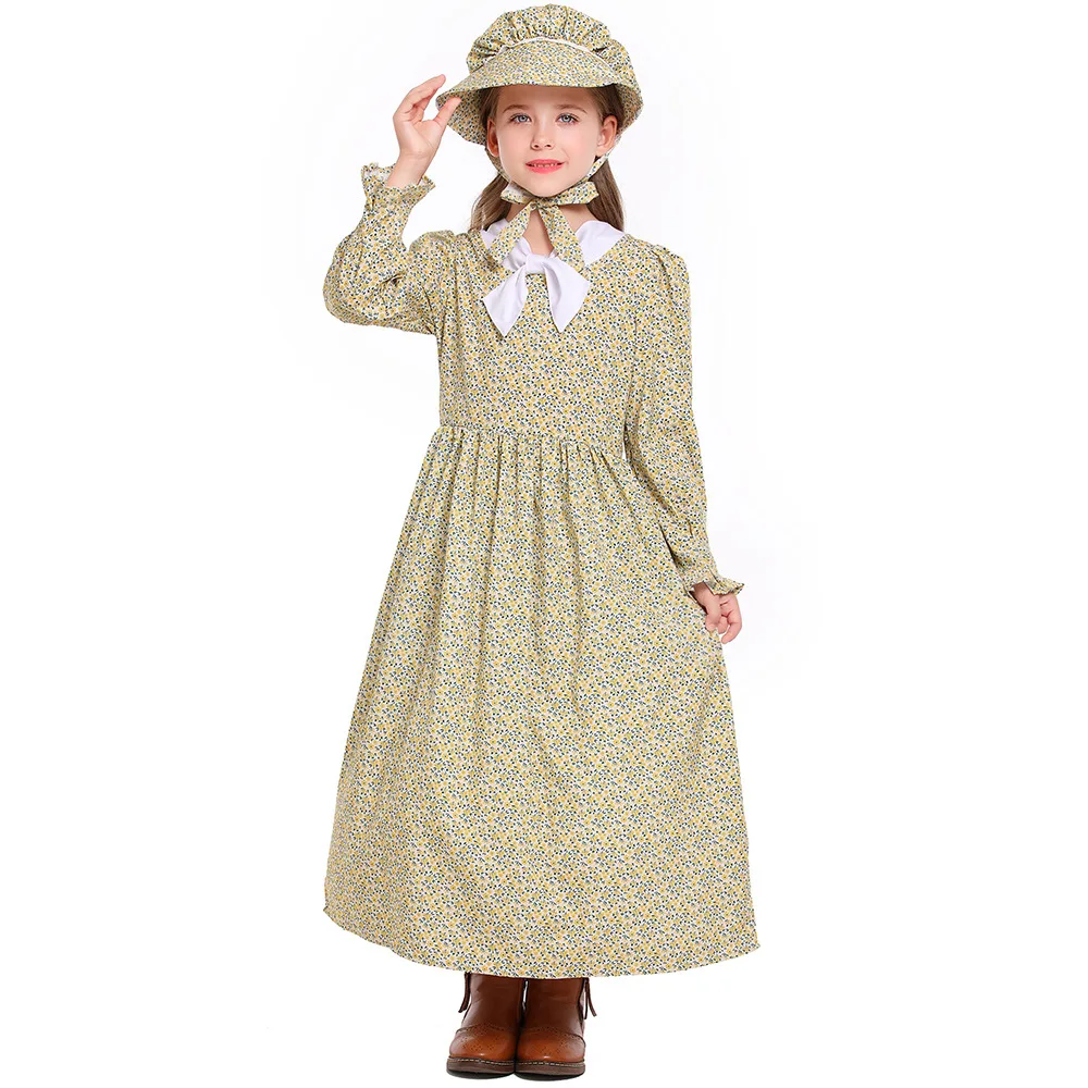 Grünland Pioneer Mädchenkostüm, viktorianisches mittelalterliches Kleid für Kinder, Halloween, Pilger, Karneval, Party, Cosplay, Kostüme, Schürzenanzug