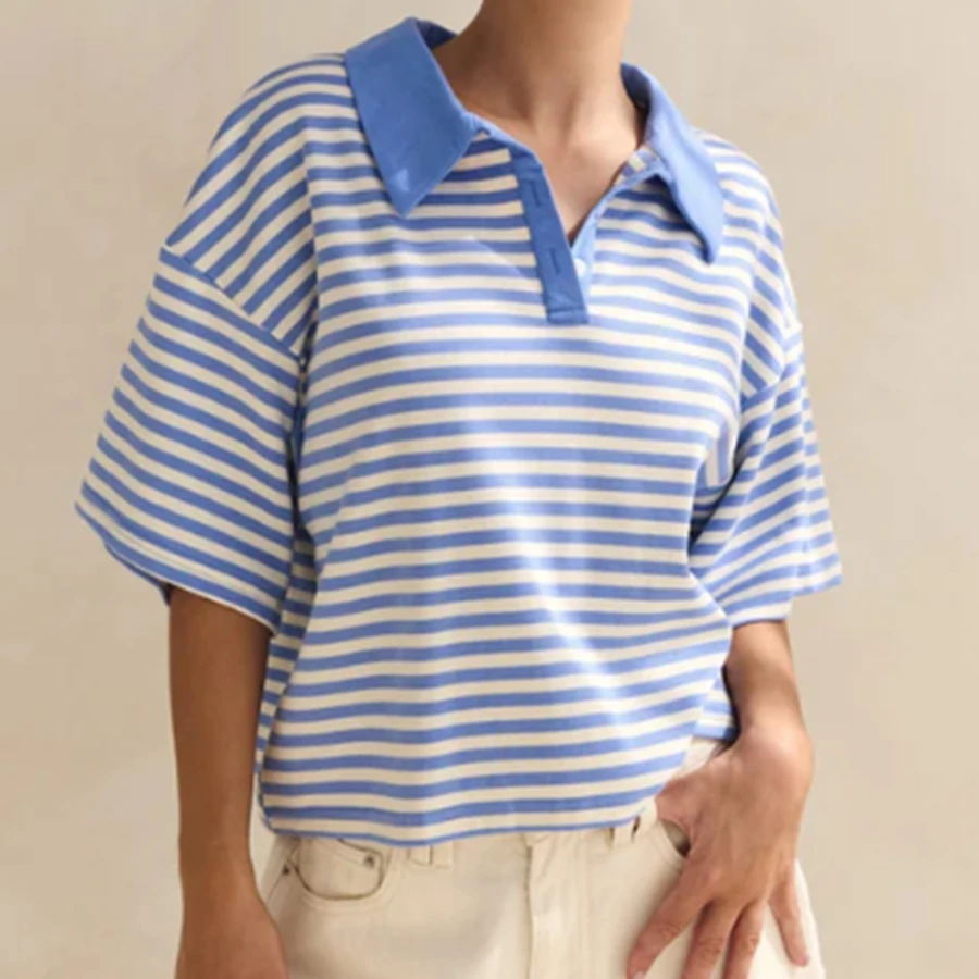 여성용 초콜릿 브라운 칼라 옐로우 스트라이프 반팔 셔츠 캐주얼 경량 티셔츠 스타일리시 버튼 다운 셔츠