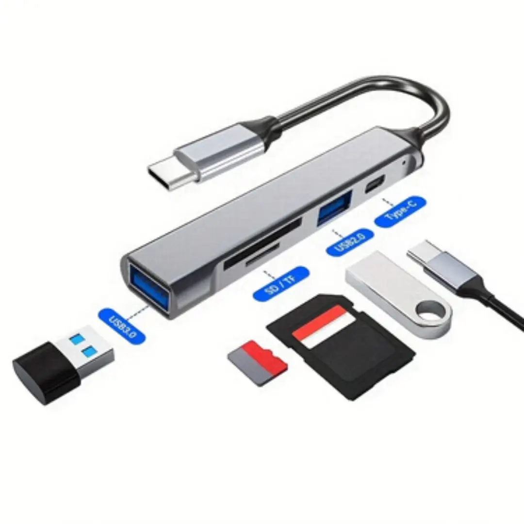 5-in-1 USB-C SD Card Reader, USB 2.0 Type-C Data, USB 3.0 TF SD Expander, High-Speed Data Transfer, Plug and Play