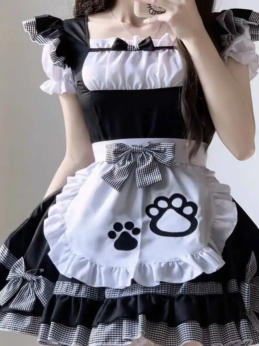 Maid Cute Girl Lolita Dress Lolita Cosplay Cat Ear Maid Pure Desire Bowknot Short Sleeves Apron Dress Bear Paw Print Sweet LPAO