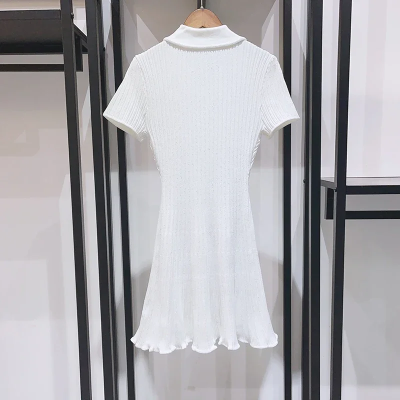 Women Diamond Buttons Dress Ribbed Turn-down Collar Short Sleeve Slim 2024 Summer Knitted Mini Robe