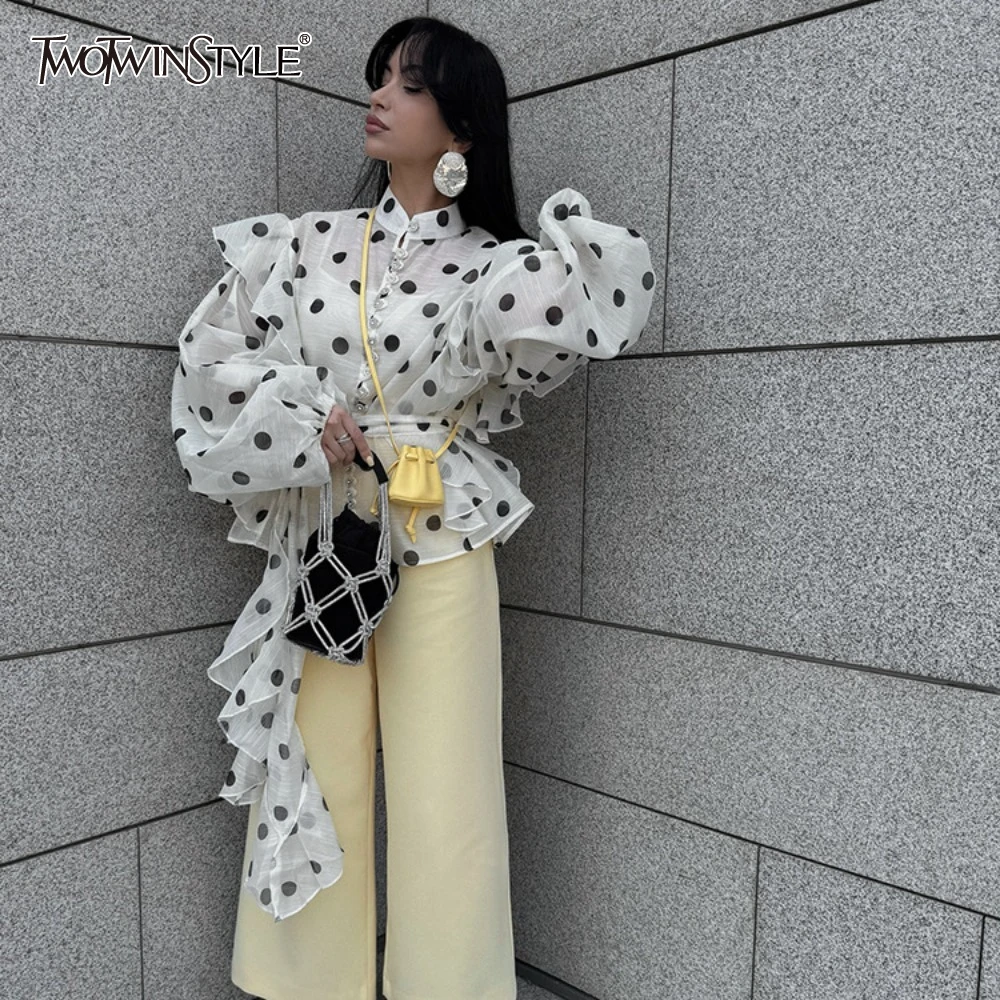 TWOTWINSTYLE French Polka Dot Design Blouses for Women Stand Collar Long Sleeve Spliced Ruffled Vintage Shirt Female Autumn New