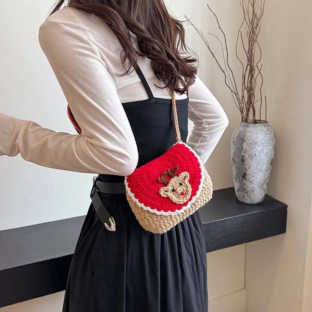 

Elk Deer Christmas Crossbody Bag Santa Claus Large Capacity Woven Square Pouch Magnetic Buckle Polyester