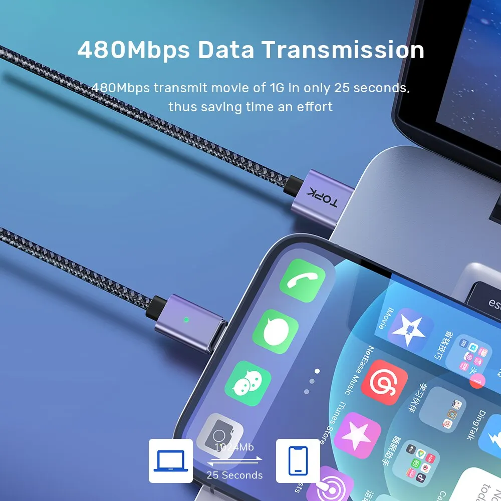TOPK Magnetic Charging Cable 3A Micro USB Type C Cable with Led Light Magnet Phone Charger Cord for iPhone Android Devices - view 3