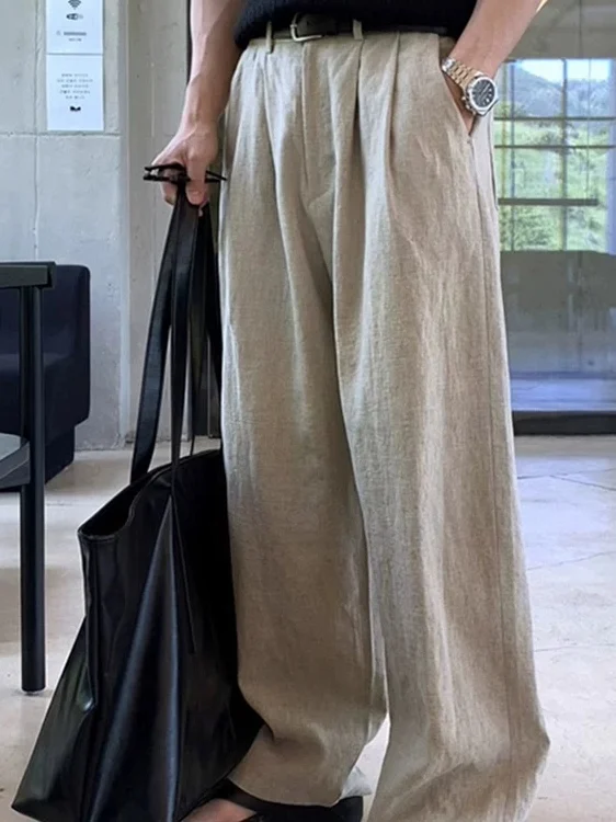 American Retro Cotton Linen Workwear Men's Double Fold Loose Straight Leg Pants Thin Breathable Casual Suit Pants