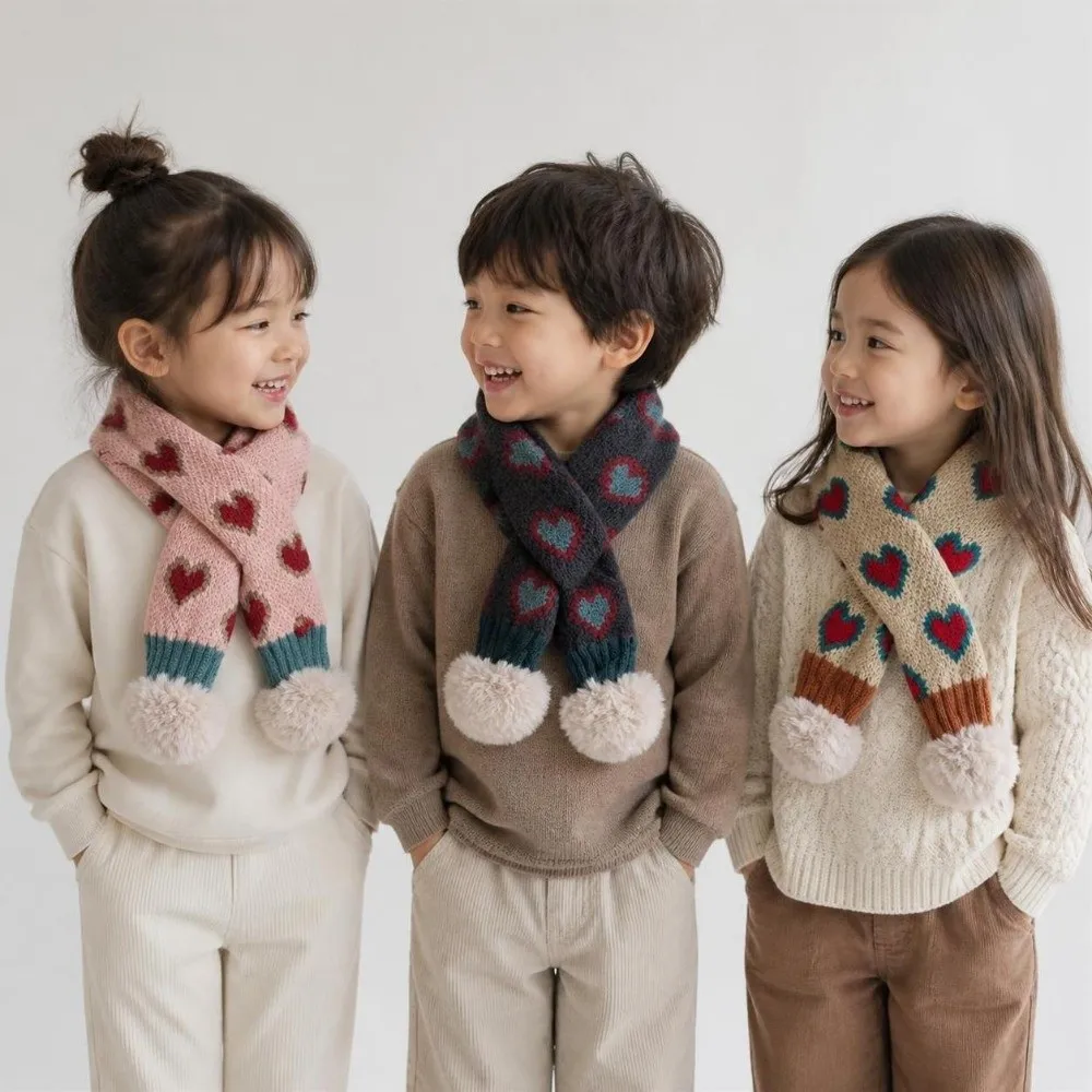 Thickened Children Knitted Scarf Adorable Heart Pattern Thermal Neck Warmer Neckerchief Windproof Cartoon Muffler
