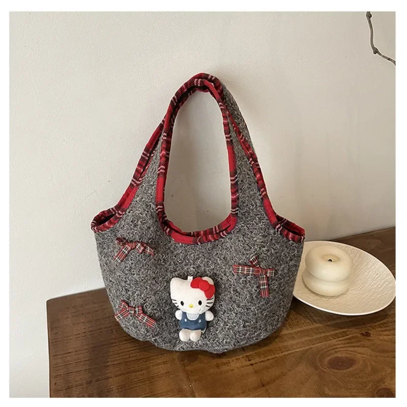 Cartoon Hello Kitty Woolen Shoulder Bag Niche Doll Portable Basket Bag Armpit Bag Retro Style Women's Contrast Color Model