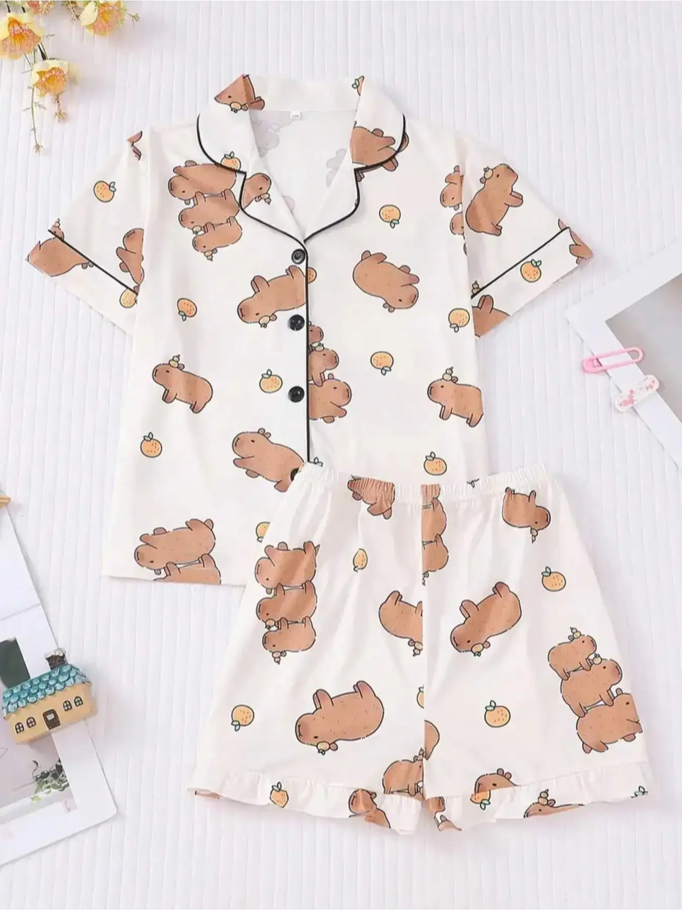 Women White Short Sleeve Pajama Set Button Down Cardigan Cartoon Capybara Orange Print Shorts Casual Cute Summer Nightwear Style