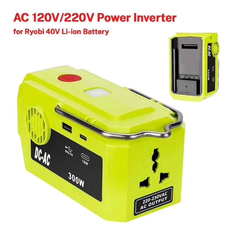 

Инвертор питания для аккумулятора Ryobi 40В, 300Вт, преобразователь напряжения в AC 110В/220В с портами USB и Type-C, LED-подсветка