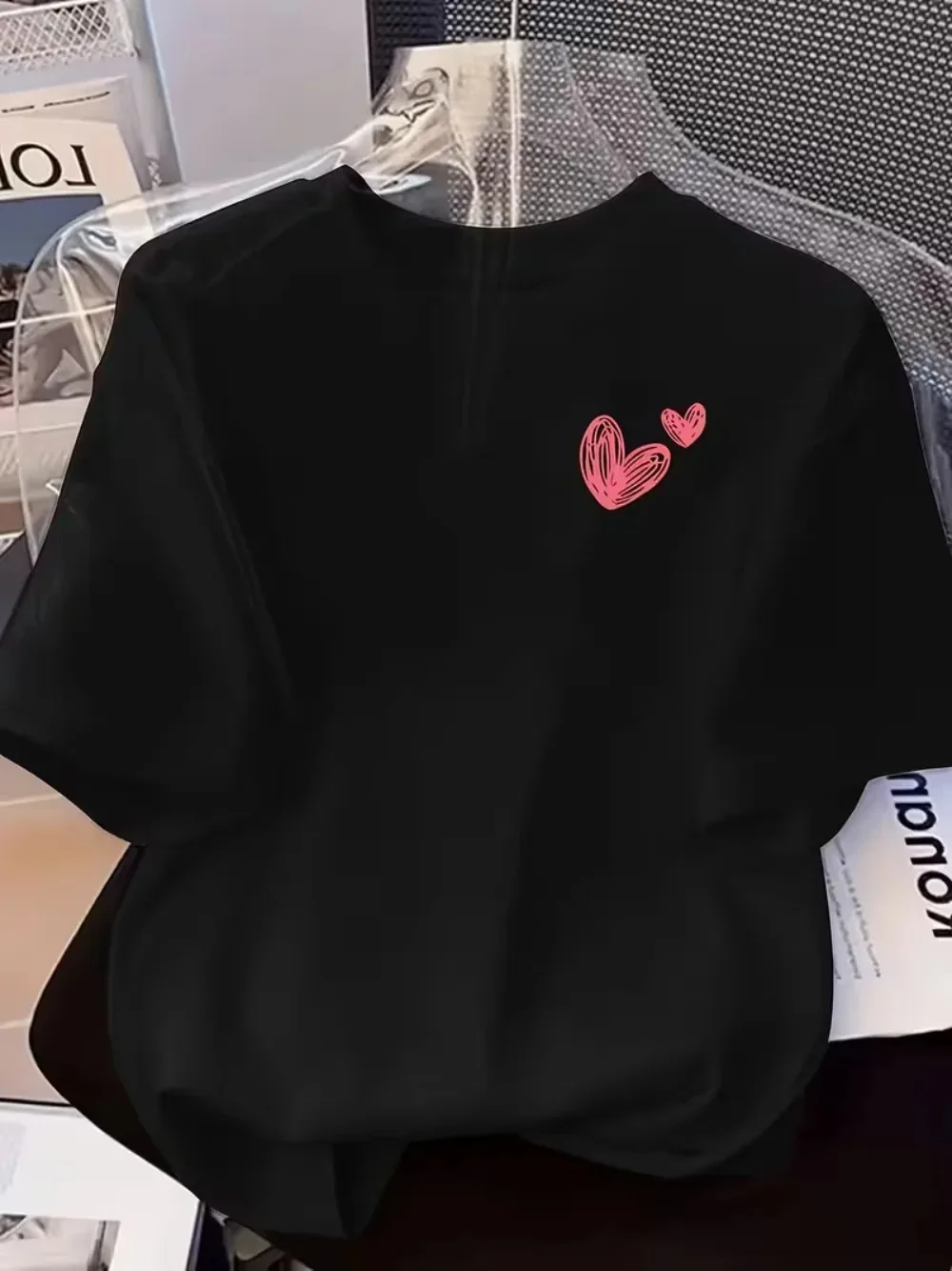 Damen-T-Shirt mit Herzmotiv, lässiges Rundhals-Kurzarmshirt, modisches Harajuku-Kawaii-T-Shirt, Damen-Y2K-Kleidung – Detail 5