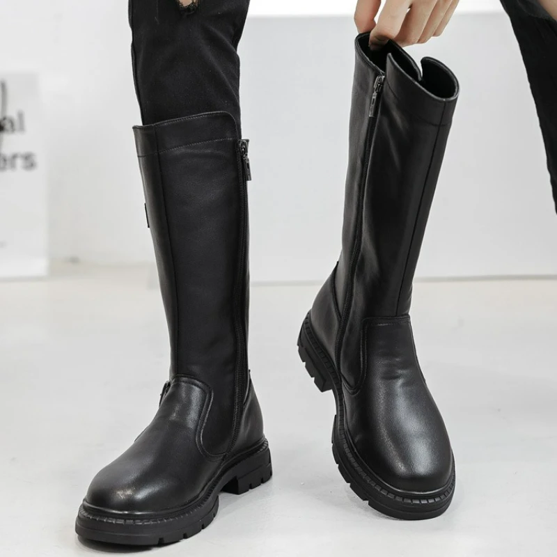 Men Boots High-Top Leather Boots Fashion Side Zipper Long Boots Plus Size Casual Motorcycle Men Shoes Platform Black Cowboy Boot