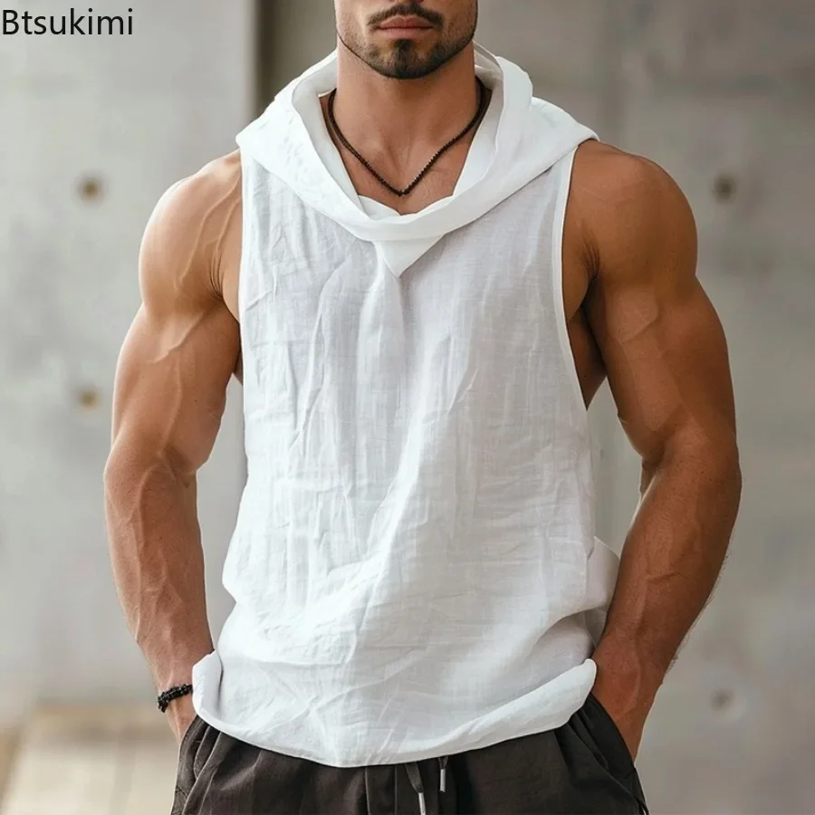 

2025 Summer Men's Retro Sleeveless Hoodies Loose Breathable Basketball Tank Tops Men Personalized Hooded Vest Casual Sweatshirts