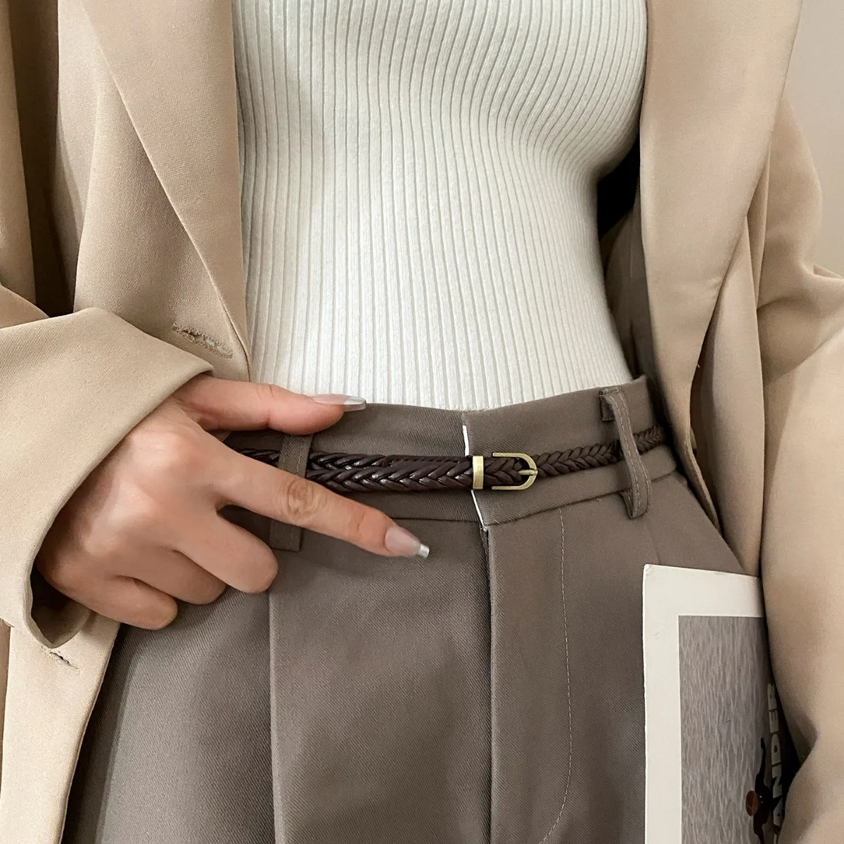 Fashion Casual Women's Braided Belt Gold Alloy Pin Buckle Vintage Personalised Belt High Quality PU Leather Belt