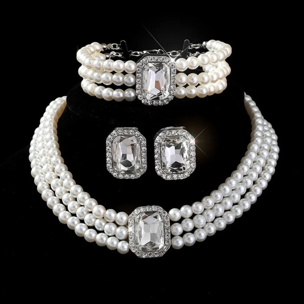Imitation Gem Pearl Jewelry Set White Pearl Bead Earring Bracelet Set Matching Jewelry Multi-layer Bead Bridal Jewelry Sets