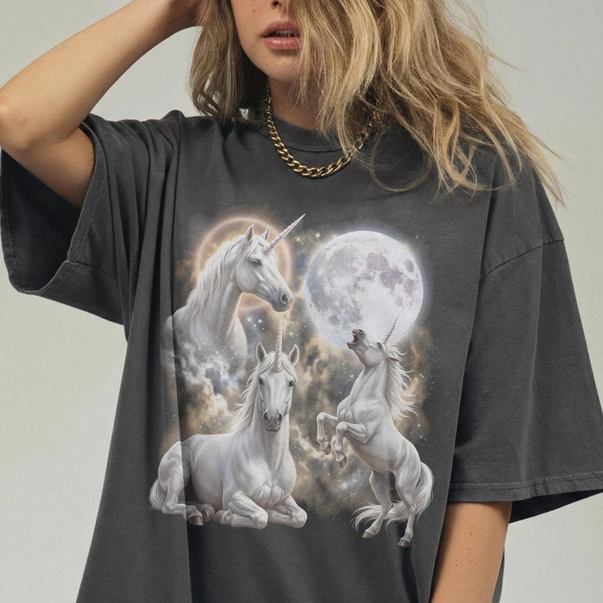Three Unicorn Moon Shirt, Vintage 90s Graphic Tee, Fantasy Mythical Animal Lover Gift Tee