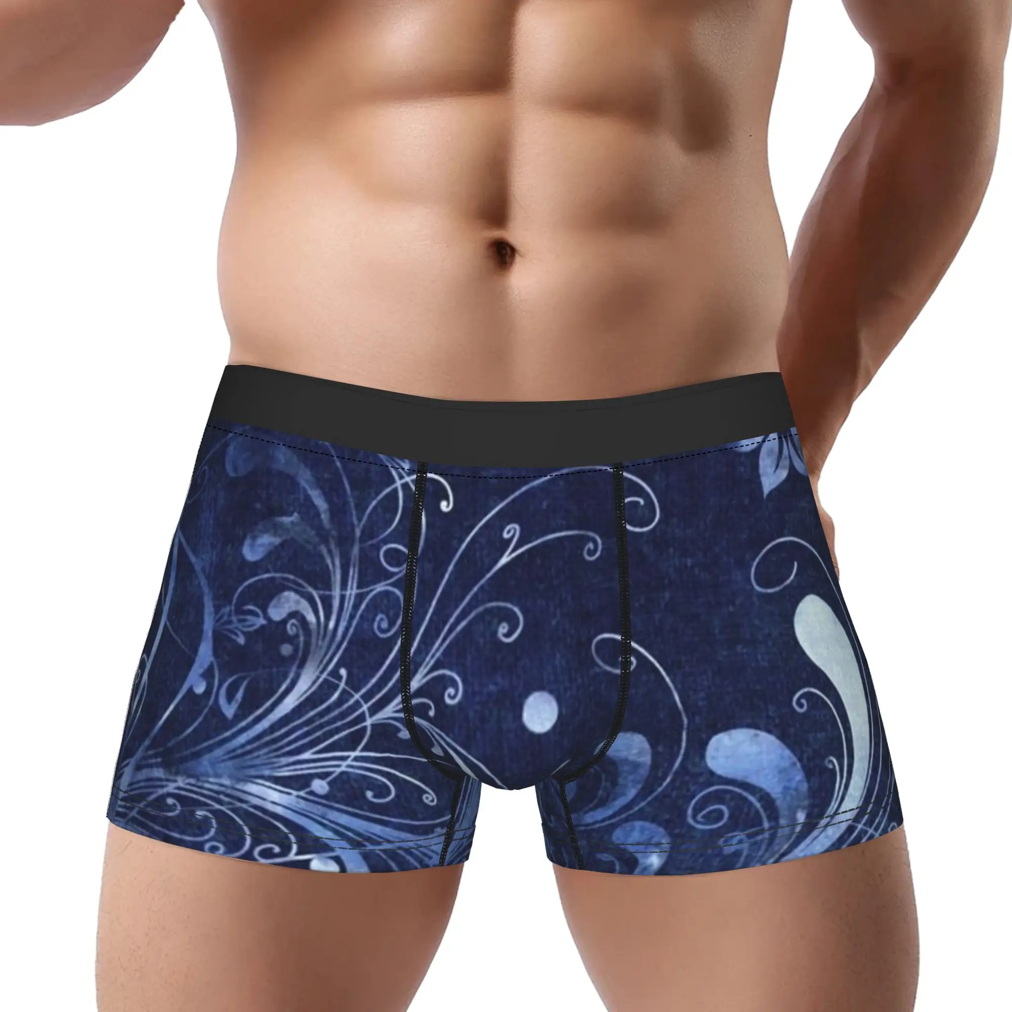 Navy Blue White Floral Swirl Pattern  Underpants Homme Panties Man Underwear Comfortable Shorts Boxer Briefs