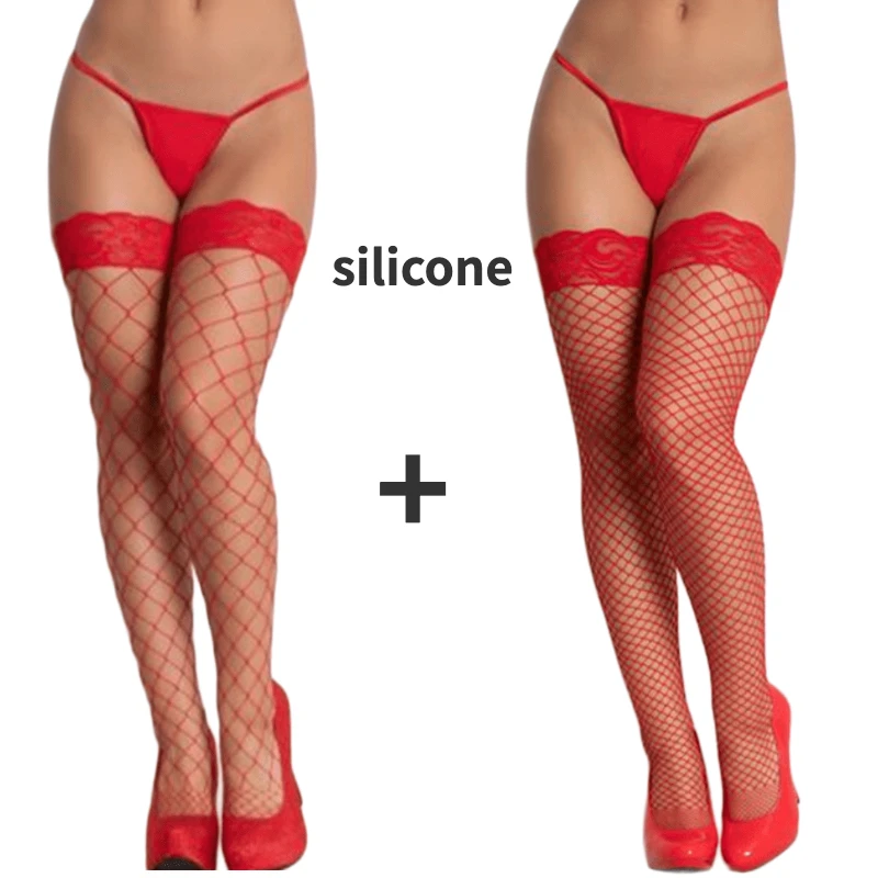 2Pcs/set Silicone Stockings Sexy Fishnet Stocking Retro Lace Top Erotic Underwear Black Red White Women\'s Thigh High Stockings