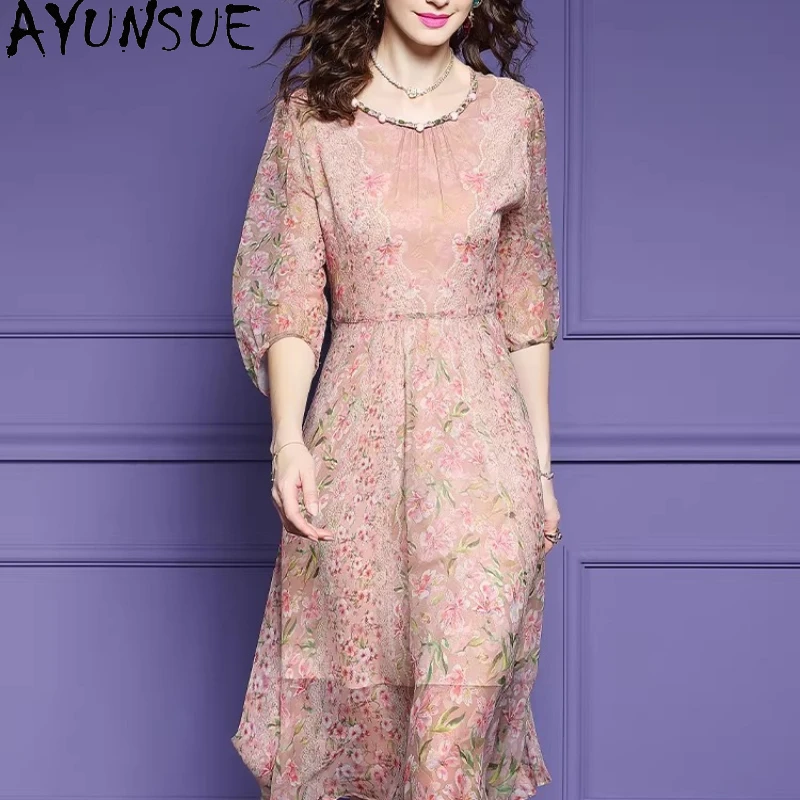 AYUNSUE 100 % natürliches Blumenkleid aus echter Seide, elegante Kleider für Damen, Sommerkleidung, modische Damenkleider, Платье Женское