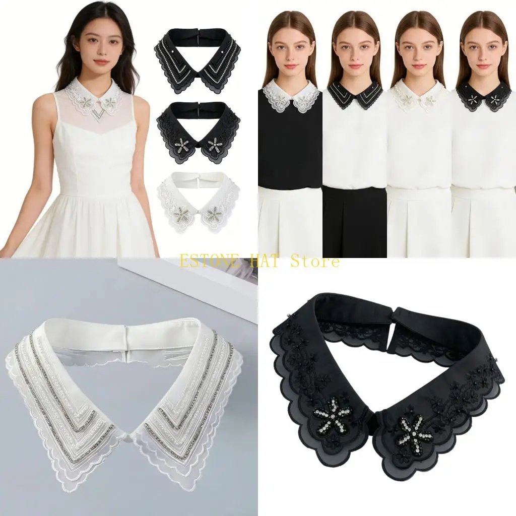 

49MF Женский воротник с накладными лацканами Роскошный кружевной накладной воротник со стразами