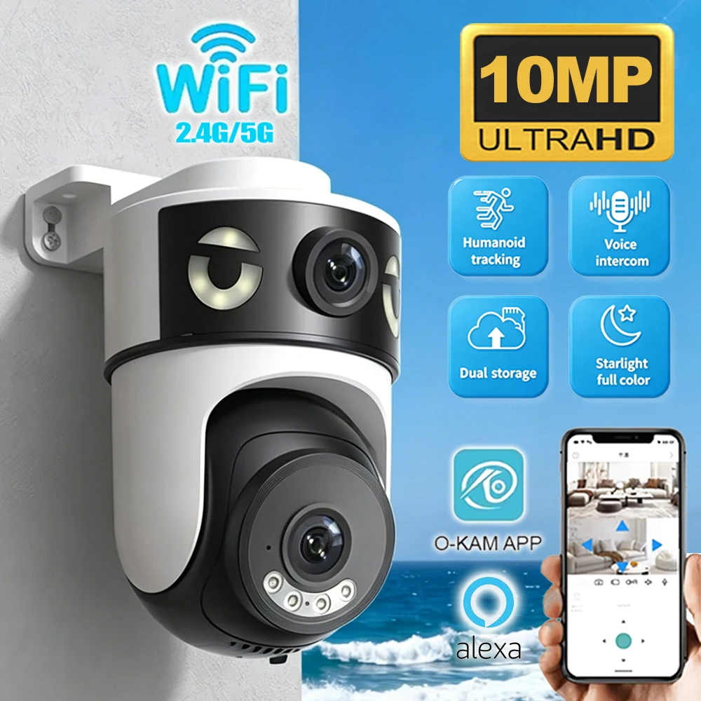 10MP Dual-Lens Dual-Screen Security Camera 4K PTZ Outdoor WiFi IP Cam O-Kam with AI Auto Tracking, Audio Video CCTV Surveillance