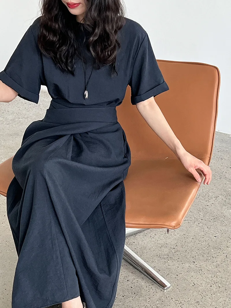 Summer Cross Tie-up Short Sleeve Dress Women Round Neck Slim Waist A-line Long Dresses