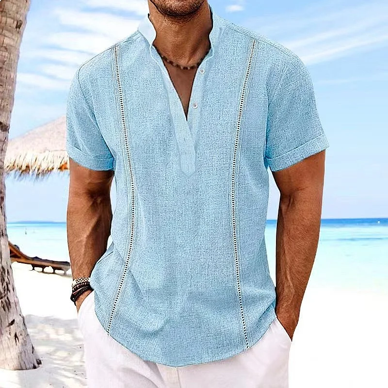 Men's Short Sleeve Henley Shirt Solid Cuban Guayabera Cotton Linen Blouse Top Spring Summer