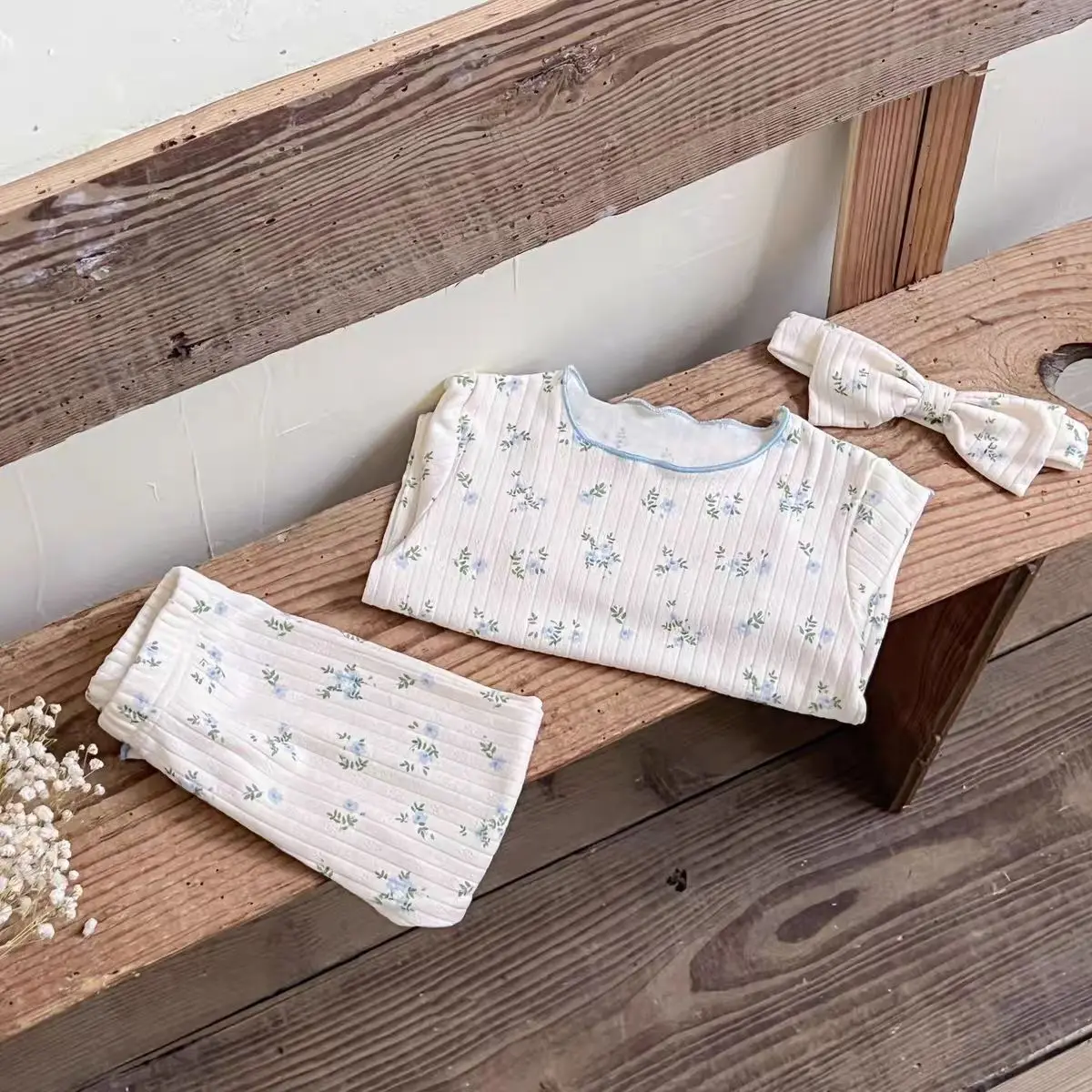 2-teiliges Baby-Pyjama-Set aus Baumwolle mit rosa Blumenmuster, weich und atmungsaktiv, für 0-3 Jahre alte Mädchen, süße Homewear, Loungewear, Schlafanzug – Detail 7