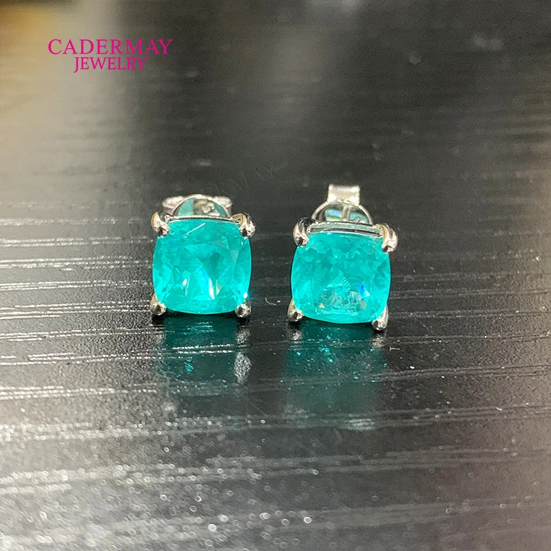 

925Silver Synthetic Paraiba YAG Gemstone Earrings For Women Men Party Anniversary Gift 4.5mm-10mm Cushion Shape Earrings Stud