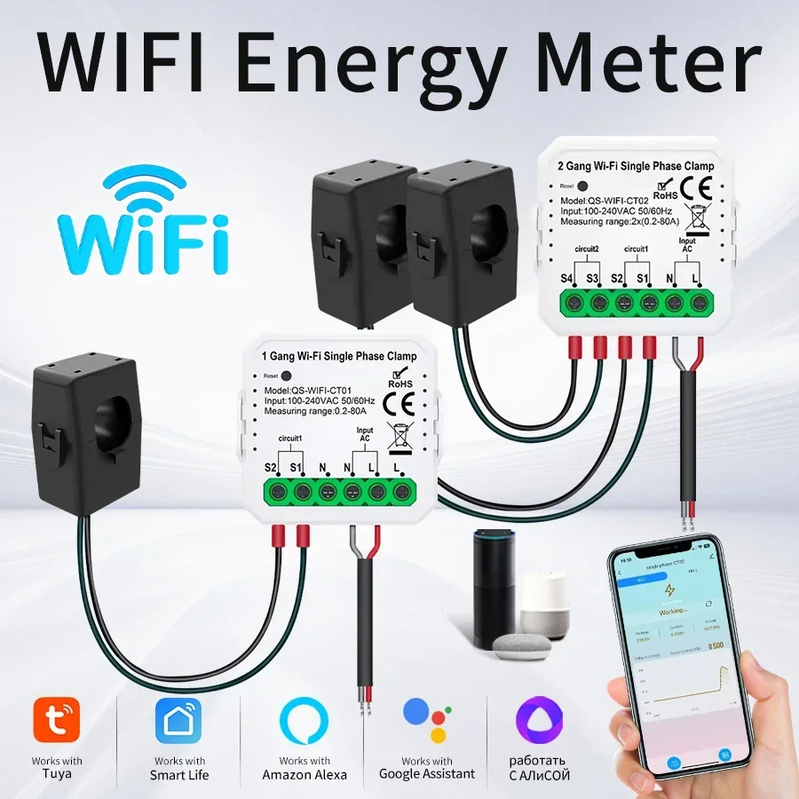 50/60Hz Tuya WiFi Smart Energy Meter AC100-240V 80A 1CH 2CH Current Transformer App Monitor Power Energy Consumption Statistics