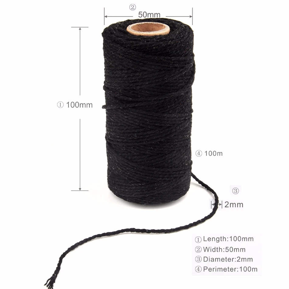 2mm 100M Macrame Cord Cotton Rope String Crafts DIY Colored Thread Cord Twisted Twine Handmade Sewing Home Wedding Decoration